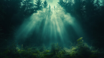Fototapeta premium Misty forest landscape with rays of sunlight through trees, magical and calm morning scene with deep atmospheric light in nature