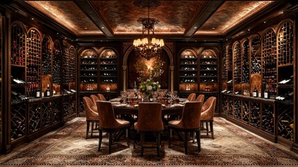Fototapeta premium Ornate wine cellar with dining table and rows of wine bottles