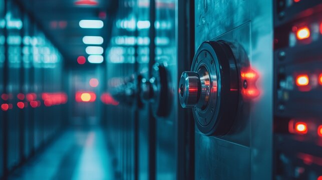 Technological hub showcasing secure server storage with glowing red lights in a data center during evening hours