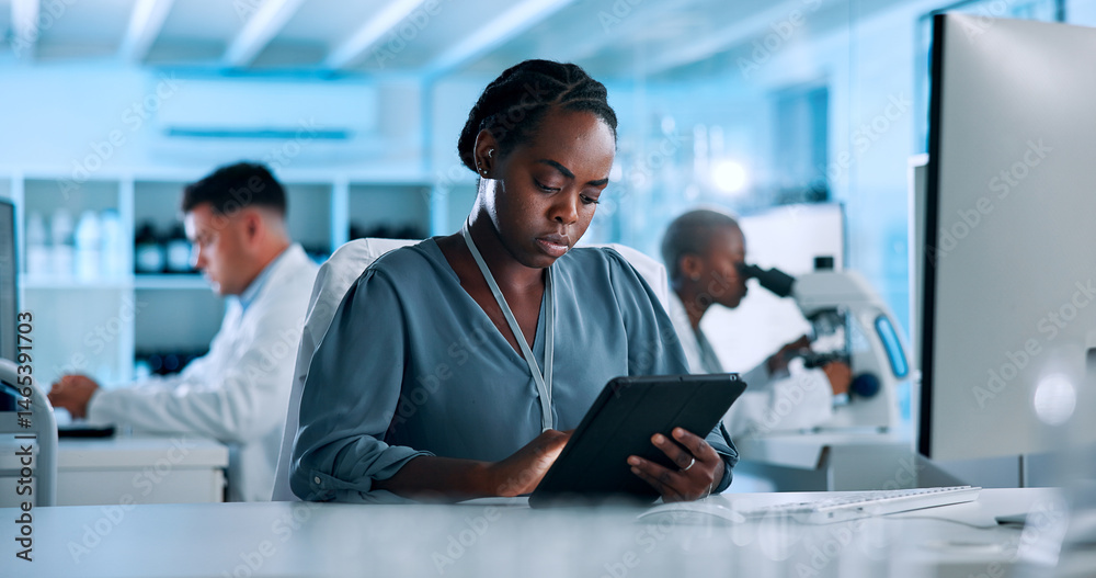 Poster Woman, medical or data scientist in lab with tablet, news and gene editing in biotech experiment. Check, innovation breakthrough or reading update with science report, test or DNA research results