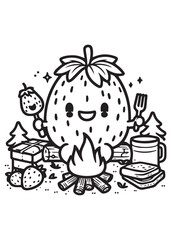 Coloring book strawberry camping with a campfire, toasting marshmallows and enjoying sandwiches