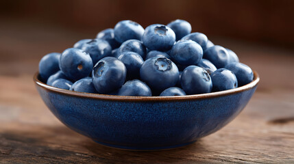 Fresh blueberries piled high in a vibrant blue bowl resting on a rustic wooden table, showcasing the natural beauty and rich color of this delicious fruit