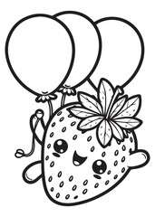 Coloring book strawberry floating with balloons. A cute celebratory scene