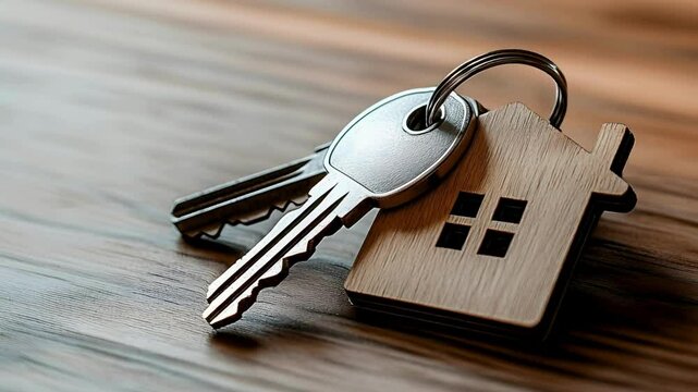 llavero de madera en forma de casa con llaves sobre una mesa