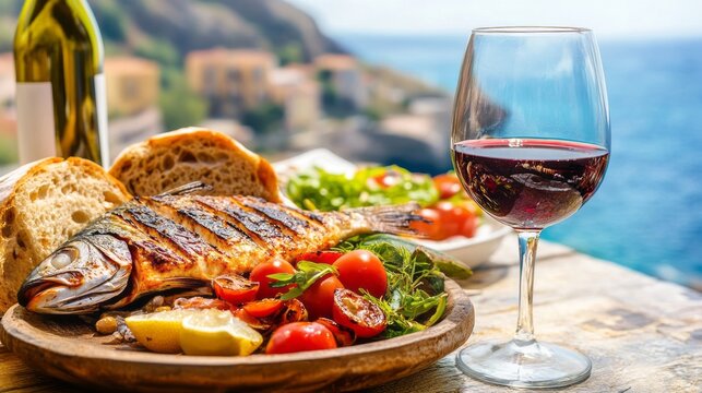 Grilled fish served with fresh vegetables, bread, and red wine on a scenic table overlooking the sea, culinary delight concept. Mediterranean diet for heart health