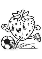 Coloring book strawberry playing soccer with a big smile.