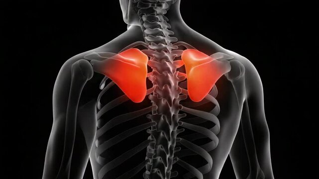 Anatomical illustration of human back and shoulder blades with highlighted areas