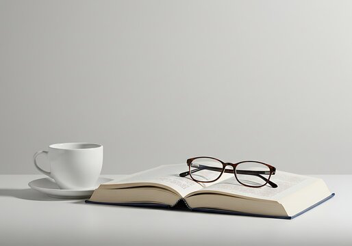 A simple still life of an open book with glasses and a cup of coffee on a white surface against gray - Powered by Adobe