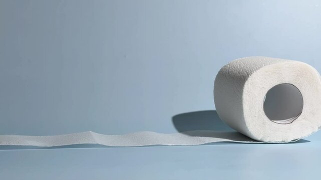 Toilet paper rolling on blue background and stopping.