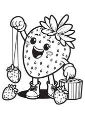 coloring book strawberry character dipping other strawberries into a bowl of cream