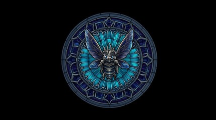 Fototapeta premium Intricate stained glass design featuring a stylized blue insect