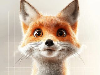 Obraz premium Cute cartoon fox with wide eyes and fluffy fur smiling in a bright stylized setting.