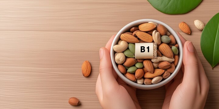 Minimalistic stock photo of a close-up of a person holding a handful of mixed nuts and seeds, with a vitamin B1 supplement bottle labeled "B1" placed on a wooden table in the background