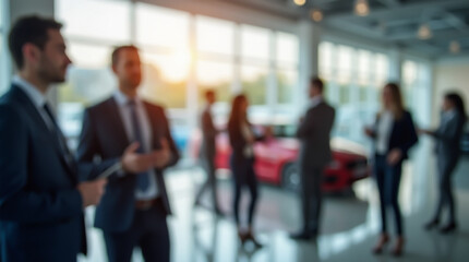 Blurred dealership interior with visitors and displayed cars