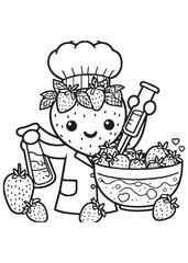 Coloring book strawberry scientist in a lab coat conducting an experiment with beakers and a bowl of strawberries.