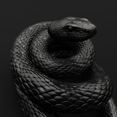 Close-up of a mystical black snake with glowing red eyes in dark fantasy style, detailed reptile scales and dramatic lighting, mysterious serpent in surreal atmosphere with magical mood
