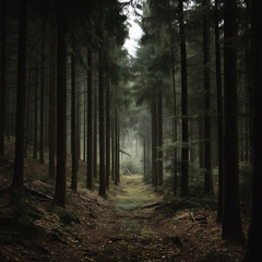 Naklejka premium Misty forest landscape with rays of sunlight through trees, magical and calm morning scene with deep atmospheric light in nature