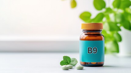 Photo of a hand holding a bottle of vitamin supplements labeled "B9", placed on a clean white table with a blurred background of a bright kitchen, natural daylight coming from a window