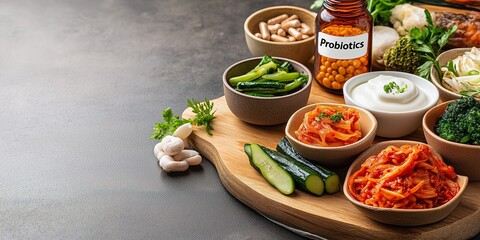 Photo of a neatly arranged wooden board featuring probiotic-rich foods kimchi, miso paste, yogurt, and pickled vegetables, with a bottle of probiotic supplements labeled "Probiotics"
