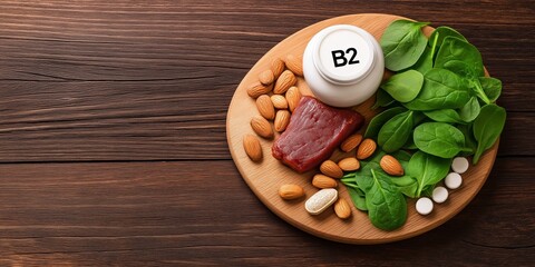 Photo of a neatly arranged wooden board featuring B2-rich foods beef liver, almonds, spinach, and yogurt, with a bottle of vitamin B2 supplements labeled "B2" subtly placed in the background