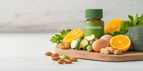 hoto of a neatly arranged wooden board featuring multivitamin-rich foods nuts, citrus fruits, eggs, and green vegetables, with a bottle of multivitamin supplements labeled "Multivitamins"