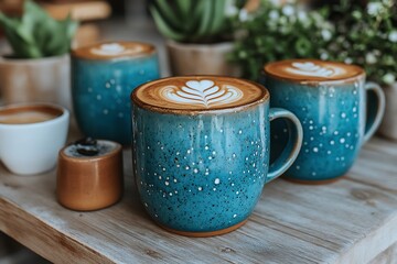 Three teal mugs of latte art on a wooden surface.