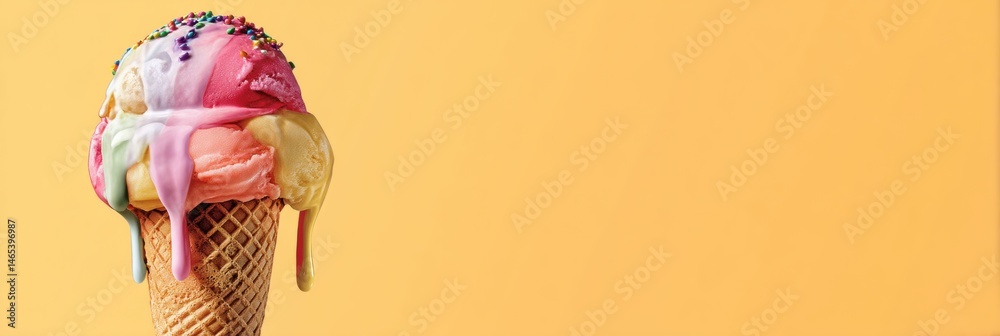 Poster colorful melting ice cream atop waffle cone dripping with vibrant flavors against a bright backgroun