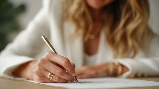 blonde woman white blazer signing papers closeup faceless beige background business official elegant