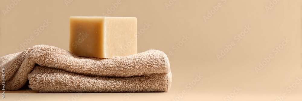 Aufkleber clean soap bar resting on a soft towel against a clear beige background for a serene and calming amb