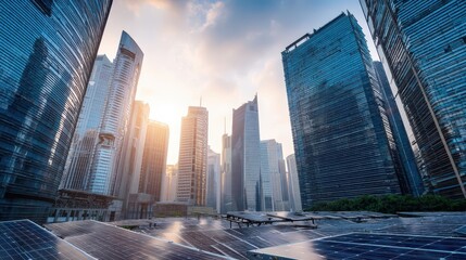 Fototapeta premium Low angle view of modern skyscrapers at dawn.
