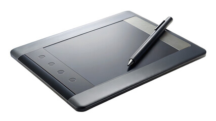 A sleek and modern black graphics tablet with a stylus pen on a black backdrop