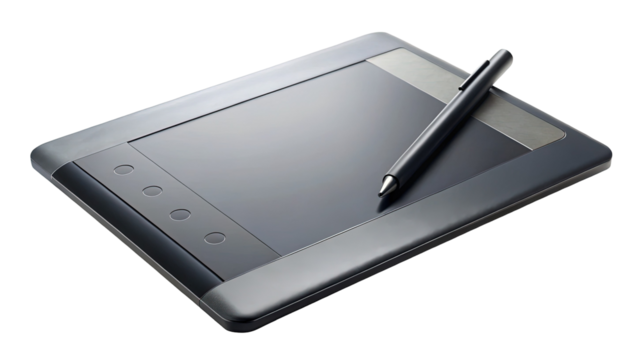 A sleek and modern black graphics tablet with a stylus pen on a black backdrop