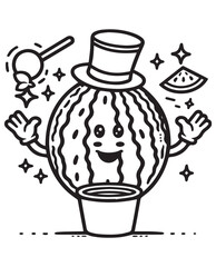 Coloring book watermelon magician in a top hat performing a trick with a wand and sparkling stars