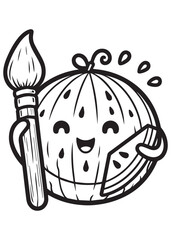 Coloring book watermelon character holding a large paintbrush and a slice.