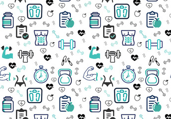 Seamless workout sport pattern. Fitness and gym icons pattern background. healthy and fitness lifestyle pattern.	
