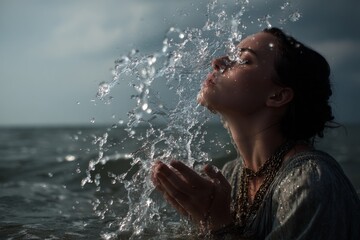 Fototapeta premium Woman enjoying a refreshing splash of water on her face near the ocean on a serene day.