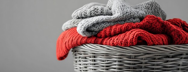 Knitwear in basket, grey background. Laundry