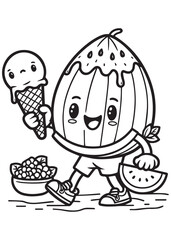 Coloring book watermelon slice character holding an ice cream cone and a bowl of berries