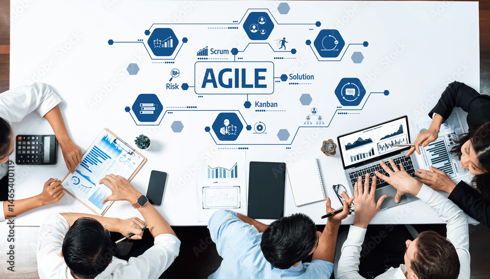 Poster A dynamic team collaborates in a modern workspace, utilizing agile concepts to enhance productivity and innovation through effective planning and strategy sessions. Amity