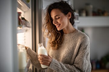 Smiling woman enjoys fresh milk from the fridge in cozy kitchen setting at home
