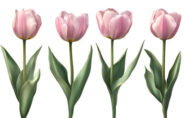 - A set of pink tulips with green leaves, isolated on a transparent background. A cutout PNG file with a white stroke effect.