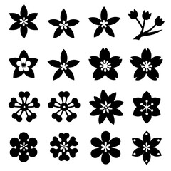 A 4x5 grid of 20 cherry blossom icons in various shades and styles, including single flowers, blooming branches, and buds, with some featuring  leaves, all set against a white background