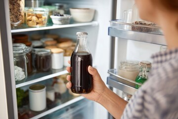 Woman grabs a cold brew coffee bottle from a well-stocked fridge during a sunny afternoon