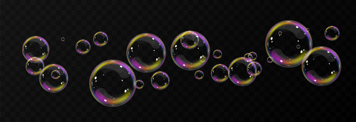 Vector realistic soap bubbles png. Flying soap bubbles on transparent background.