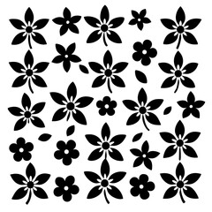 A 4x5 grid of 20 cherry blossom icons in various shades and styles, including single flowers, blooming branches, and buds, with some featuring  leaves, all set against a white background