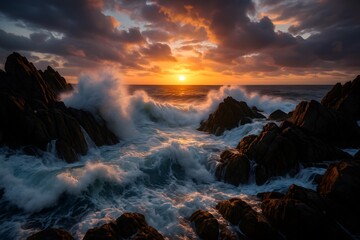 Fototapeta premium Ocean waves crashing against jagged rocks under a dramatic sky at sunset