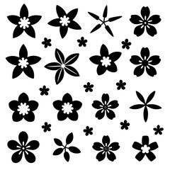 A 4x5 grid of 20 cherry blossom icons in various shades and styles, including single flowers, blooming branches, and buds, with some featuring  leaves, all set against a white background