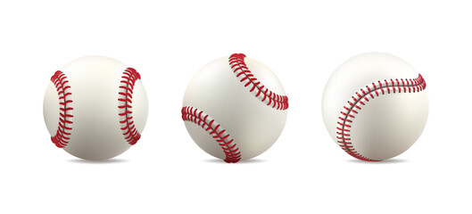 Baseball ball clipart. Set of white leather softball, vintage line of red stiches. 3d isolated vector mockup. Player equipment mockup team logo. Realistic fastball catch drawing, sport club element