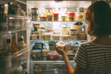 Woman enjoys a moment of indulgence choosing ice cream from a well-stocked fridge