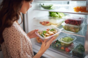 Woman selecting eco-friendly containers of delicious leftovers from a fully stocked fridge